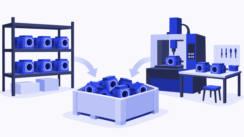 Stored blue housings and additional production equipment illustrate two ways to prepare for a demand peak.