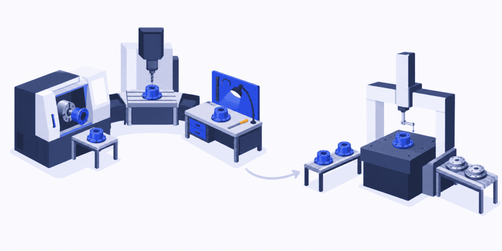 A compact production cell sends parts to a separate inspection station used by other factory work.
