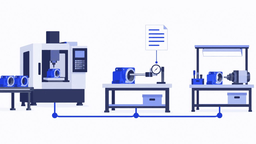 Machining, bore inspection with an instruction, and assembly connected along one manufacturing route.