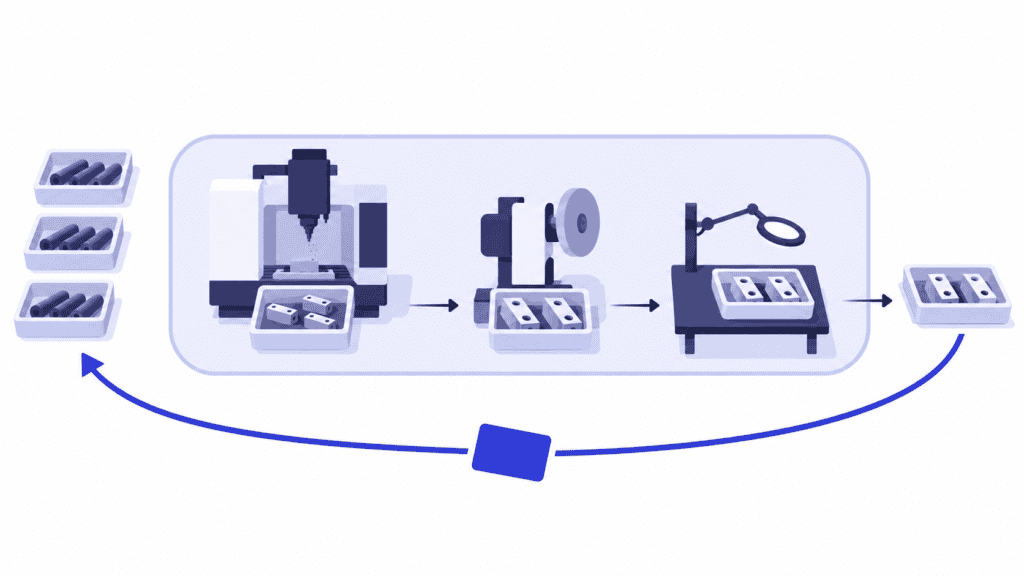 A blue authorization card returns to waiting batches outside a bounded machining and inspection flow