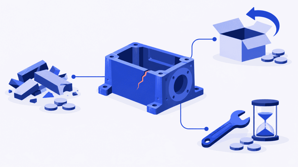 A cracked component connects to wasted material, corrective work and a returned parcel, showing poor-quality costs.