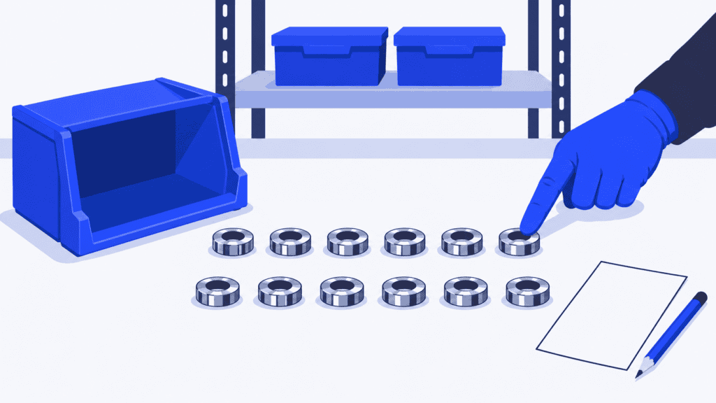 A gloved finger checks metal parts arranged beside an open bin during a selected physical inventory count.