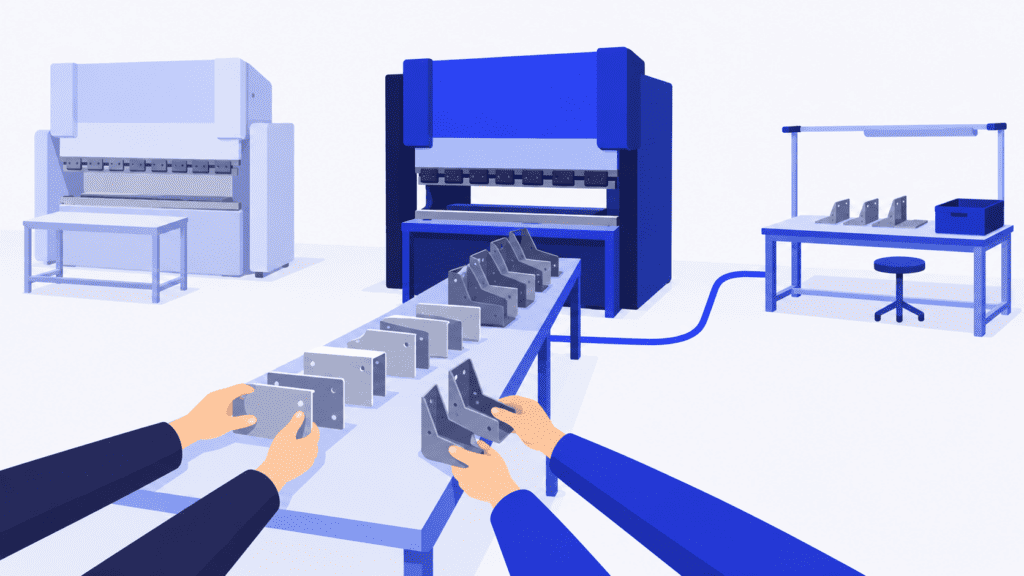 Teams coordinate two batches through one available bending press and onward to assembly