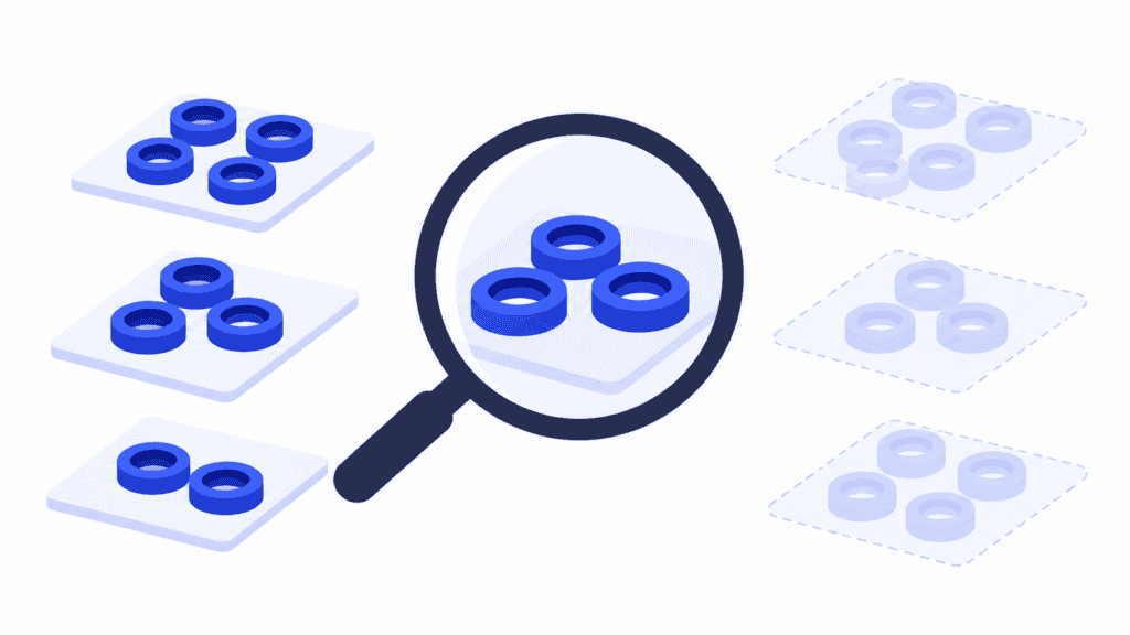 A magnifying glass examines groups of machined rings beside pale outlines representing future demand.