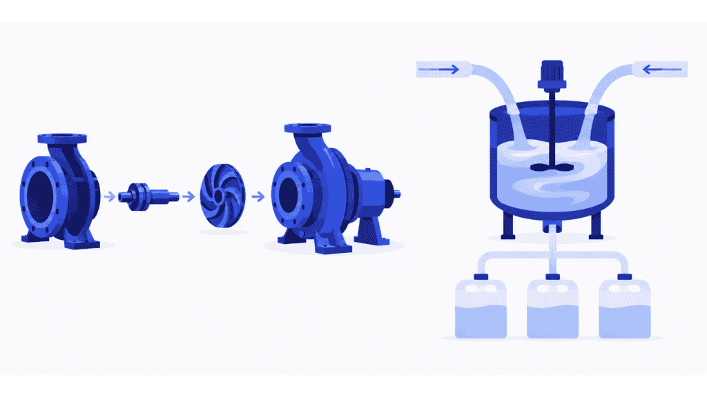 Separate pump components and a mixing vessel contrast discrete units with process manufacturing.