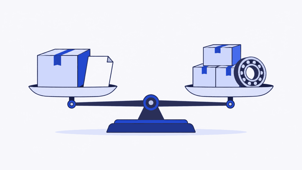 A balance scale weighs a delivery parcel and purchase paperwork against boxes of components and a bearing.