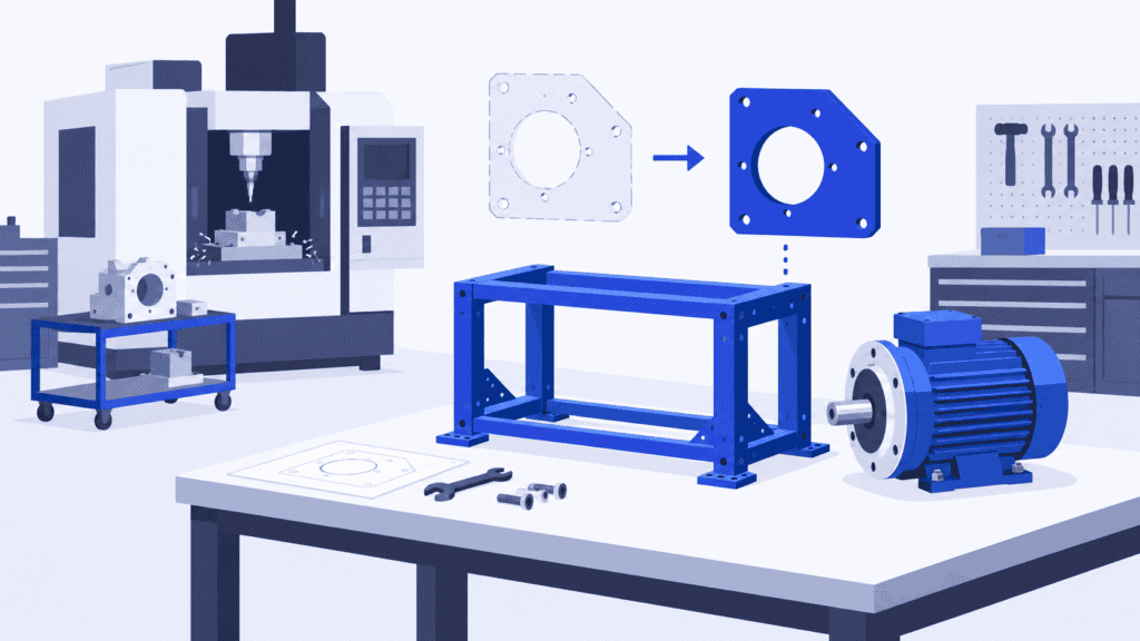 A custom test-rig frame, drive and adapter await assembly beside a shared machining centre.
