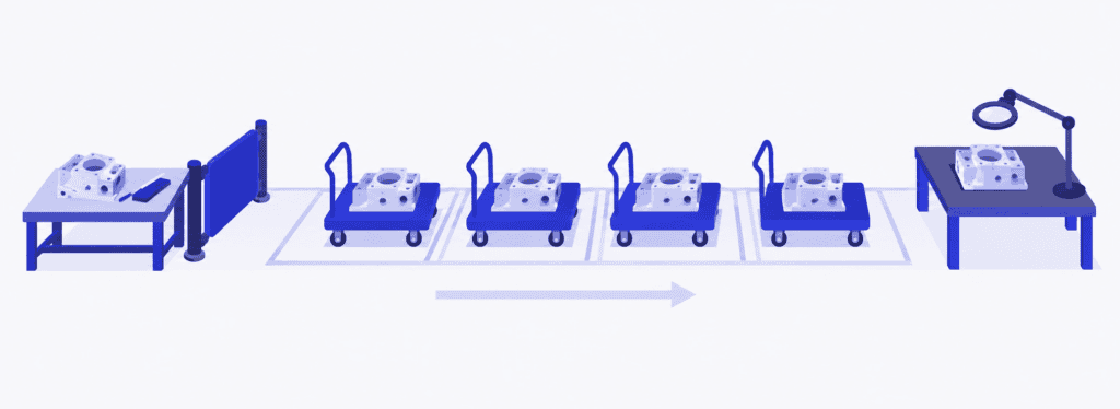 Four trolleys fill a marked FIFO lane between two workbenches, with an arrow showing the direction of flow.