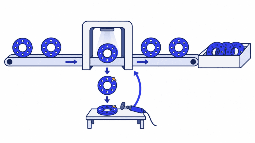 Machined flanges pass inspection directly or take a correction loop, illustrating first-pass yield and rework.