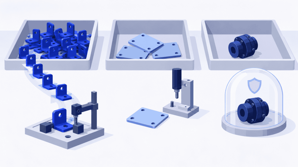 Frequently used brackets, occasional-use plates and a protected critical coupling illustrate different inventory decisions.