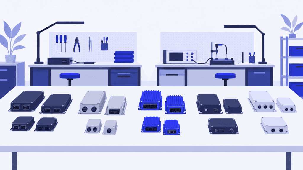 Small groups of different control-unit variants share preparation and testing resources.