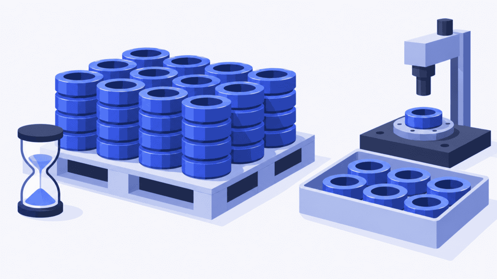 Stored metal rings beside an hourglass, with a selected portion at an assembly fixture for production use.