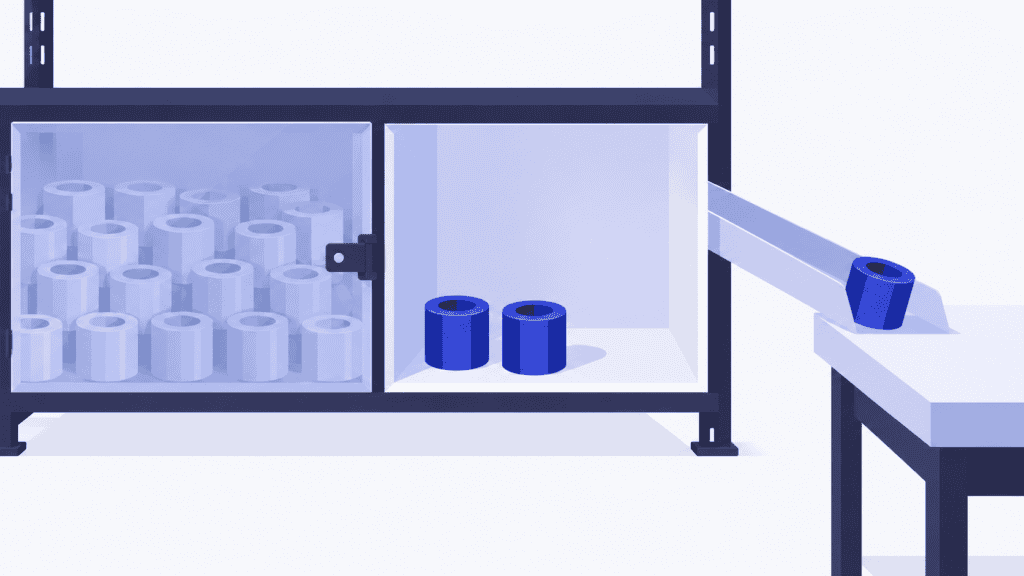 Held components behind a closed barrier and a small usable stock feeding assembly illustrate inventory coverage.