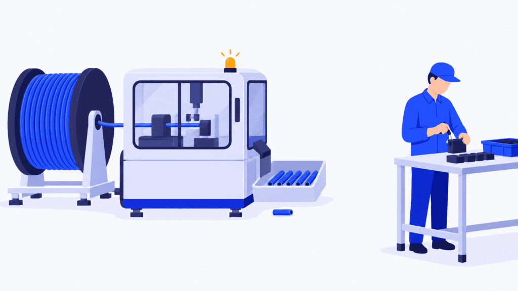 Cable-cutting cell stops at an abnormal piece while an operator performs a separate assembly task.