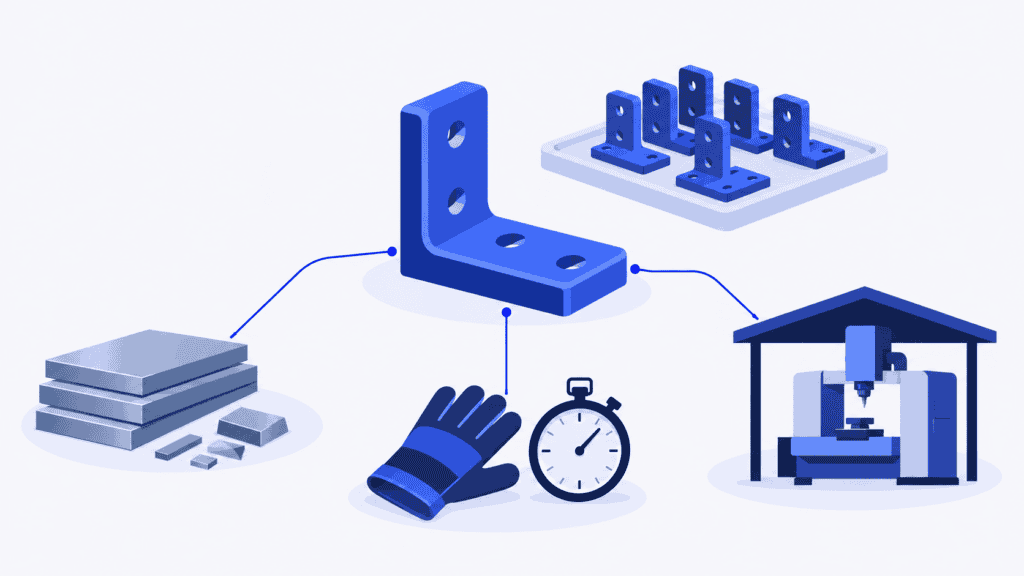 A bracket batch linked to metal blanks, work time and a shared machine, illustrating job order costing
