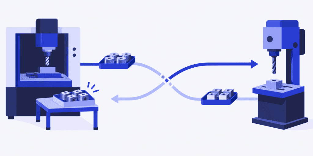 Two batches follow opposite routes between shared milling and drilling workstations