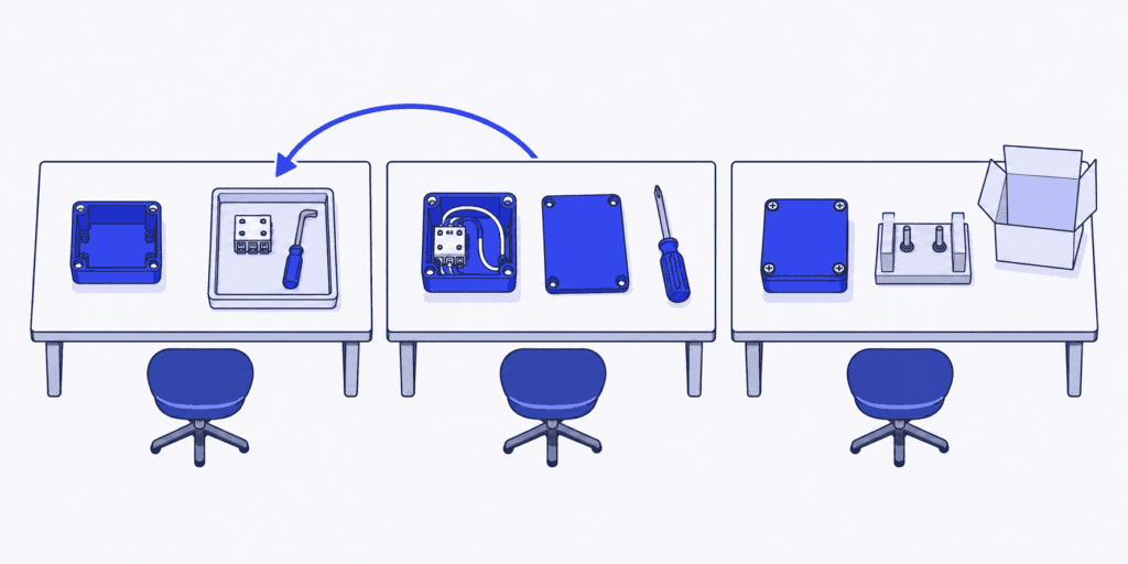 A module-fitting task moves from the middle assembly bench to the first, spreading work across three stations.