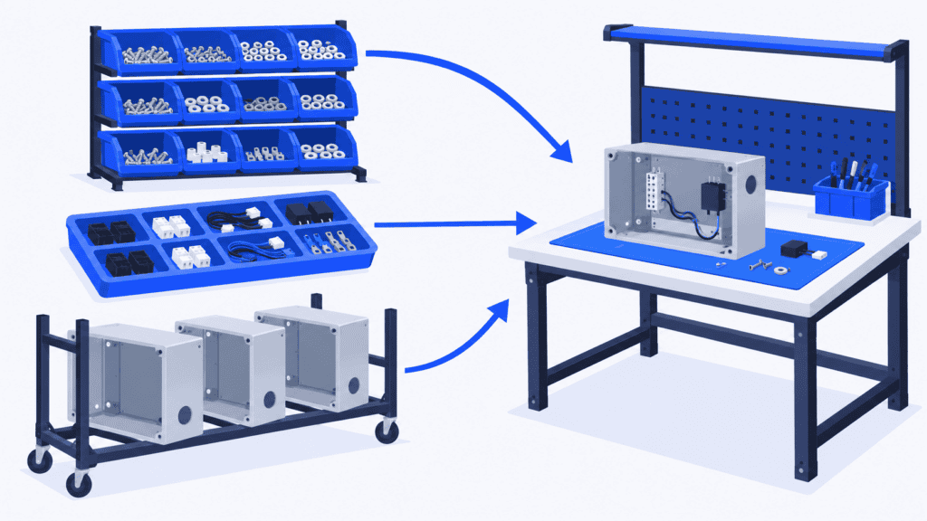 Common-parts bins, a divided kit tray and sequenced housings supply the same assembly workstation.