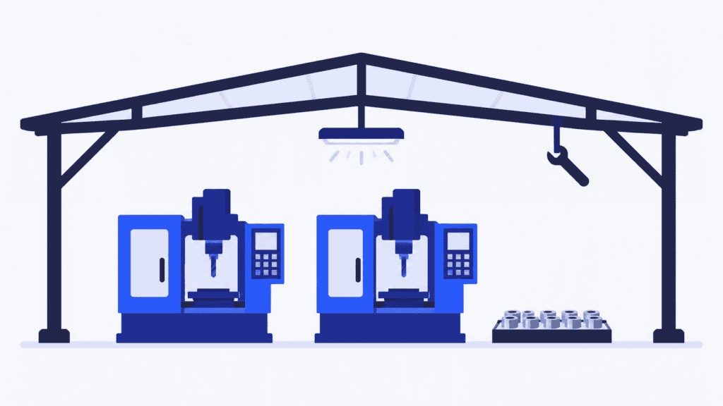 Blue machines and metal parts beneath shared factory lighting and a structural frame.