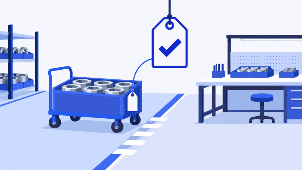 Machined parts on a trolley linked to an inspection release tag before the handoff to assembly