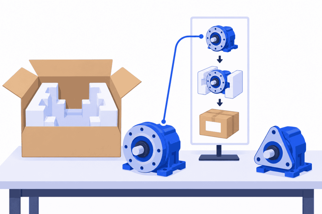 Two similar blue housings, packing inserts and a pictogram instruction showing how one housing is packed.