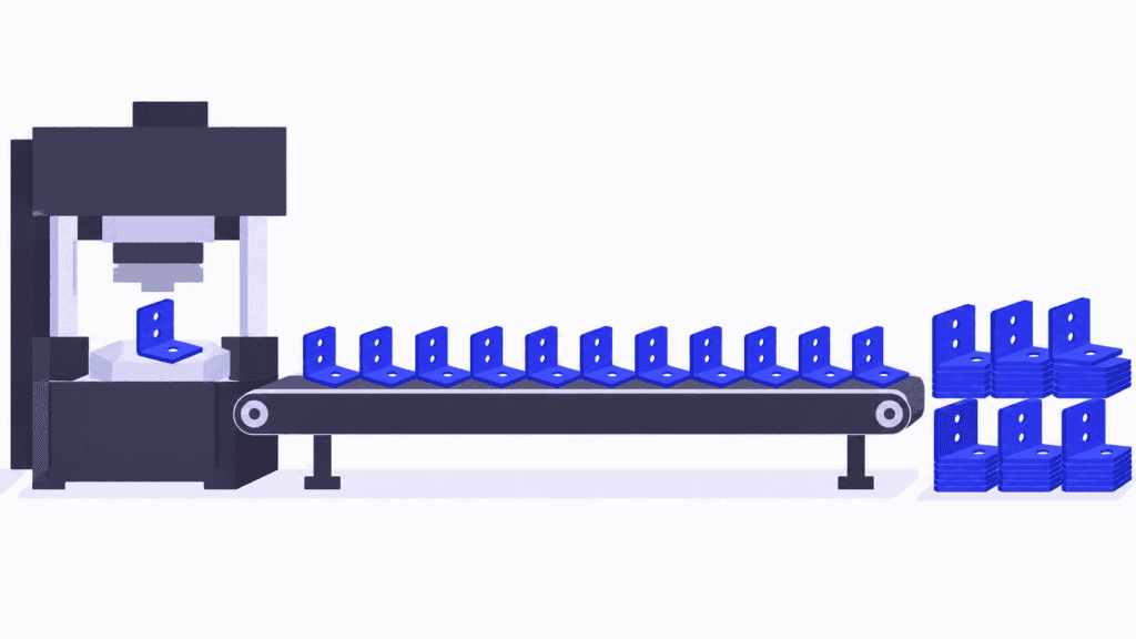 A stamping press making identical metal brackets in an organized high-volume flow