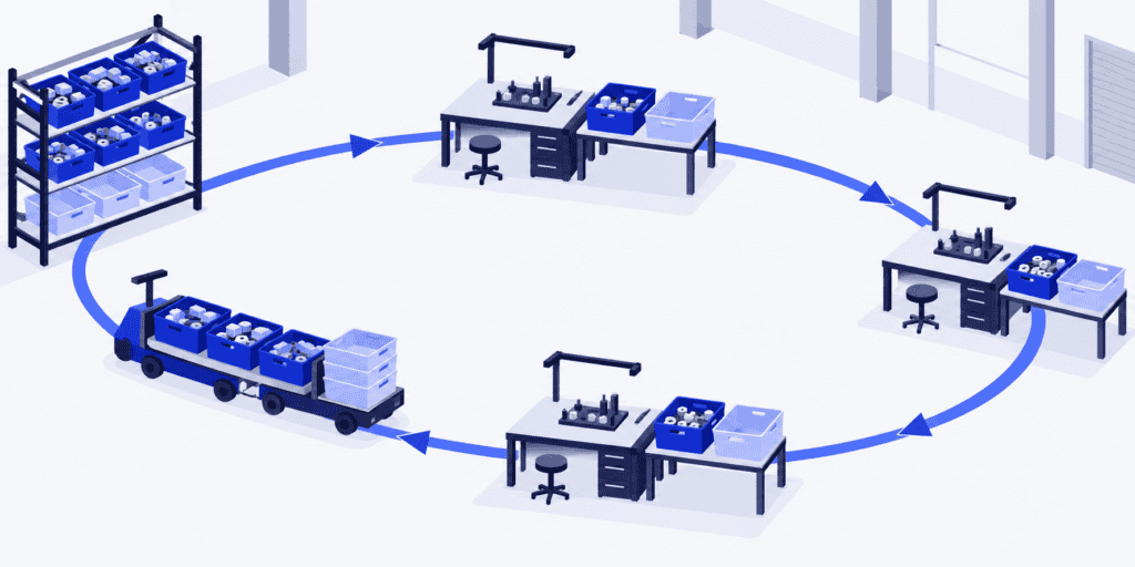 A factory milk run links a supply rack and assembly stations, delivering full bins and returning empty containers.