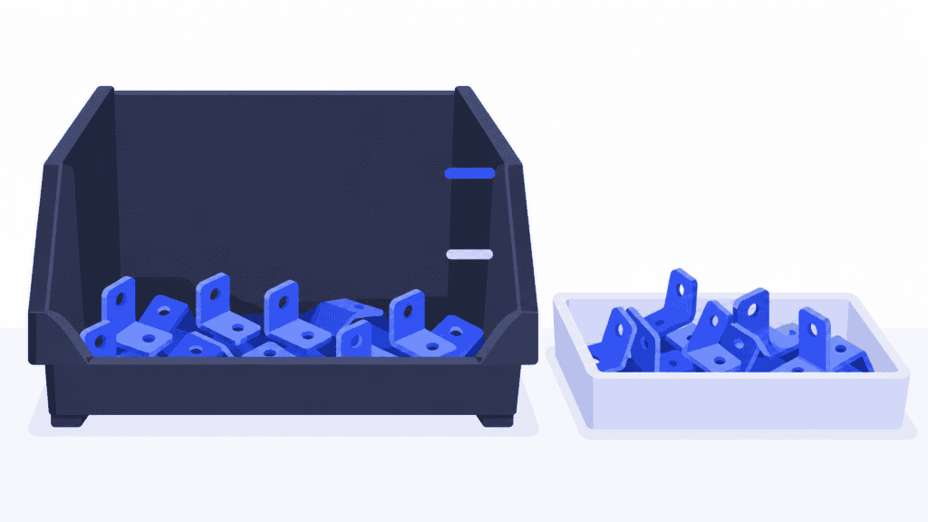 A low bracket bin with lower and upper reference marks beside incoming parts illustrates min–max replenishment.