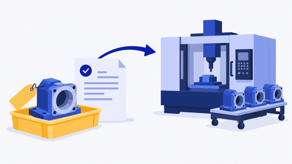 Tagged housing in an isolated tray, an approved-work document and a machining station with other housings waiting.