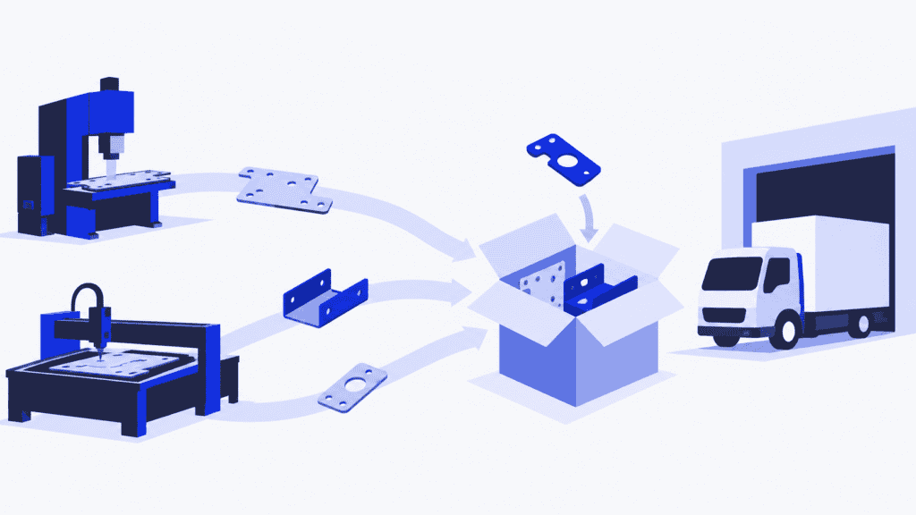 Manufactured components converge into a complete shipping carton beside a waiting delivery truck.
