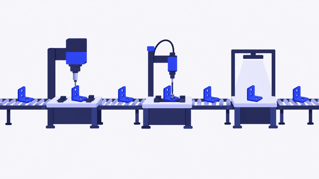 Several blue brackets move individually through three connected manufacturing workstations.