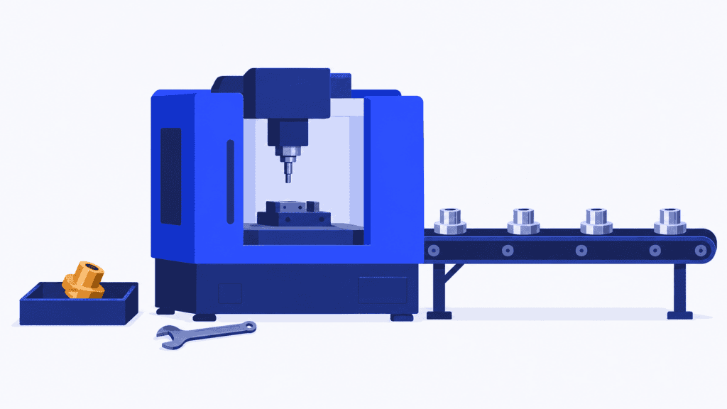 A machining station with finished parts and a rejected component illustrates equipment effectiveness losses.