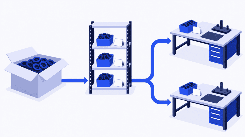 Seals move from a supplier carton through storage to separate containers at two assembly benches