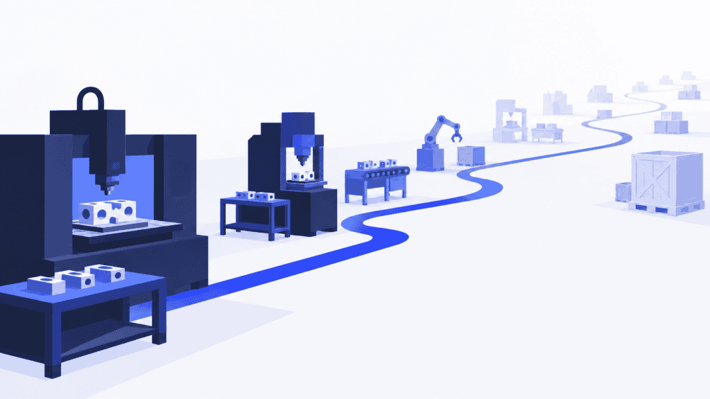 Connected factory workstations fade into the distance, separating detailed near-term work from a longer planning view.