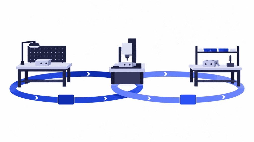Three manufacturing cells linked by two overlapping blue loops, each with a capacity card.