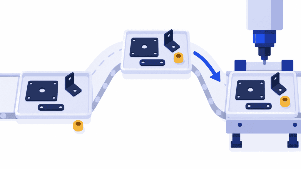 Assembly trays with metal parts and a loose component illustrate work readiness and a changed production sequence.