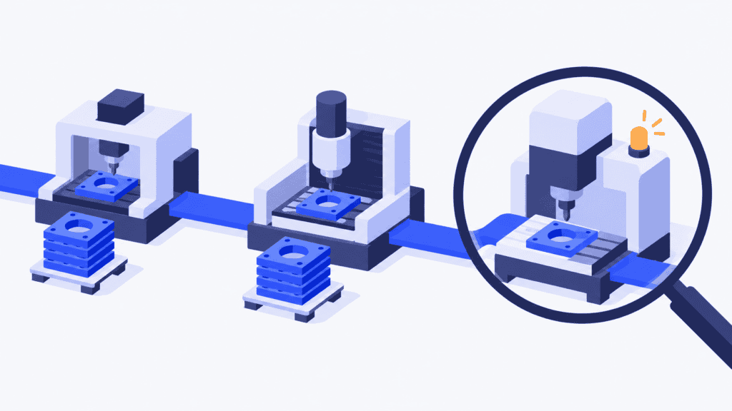 A magnifying glass highlights a paused machining station and waiting work within an otherwise orderly production flow.