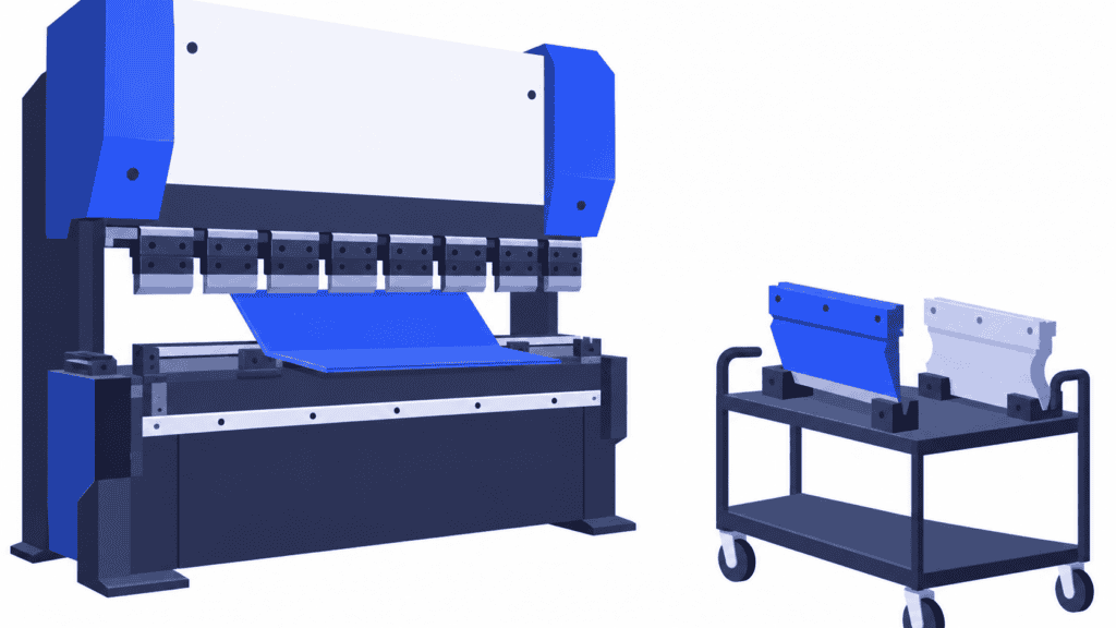 Bending machine beside tooling prepared on a cart for the next production changeover