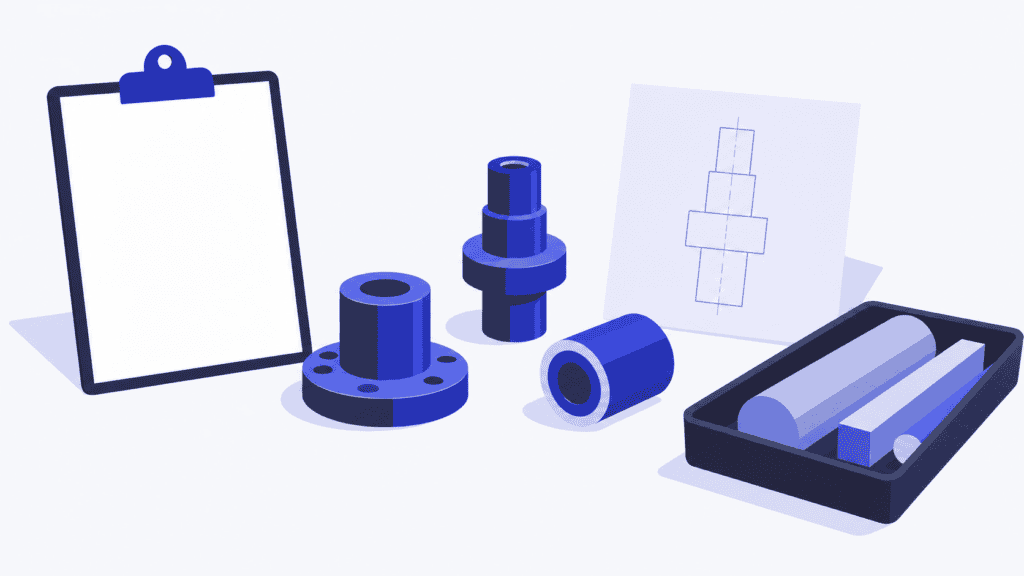Work order sheet beside machined parts, a drawing and raw materials needed for production.