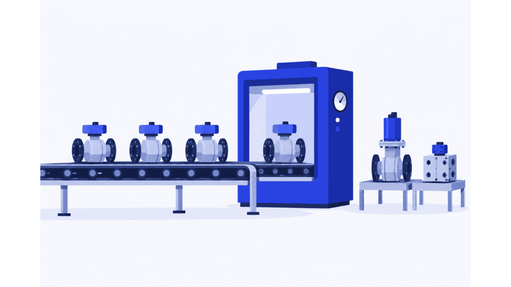 Recurring valve units, a variant and a project component sharing one pressure-testing station