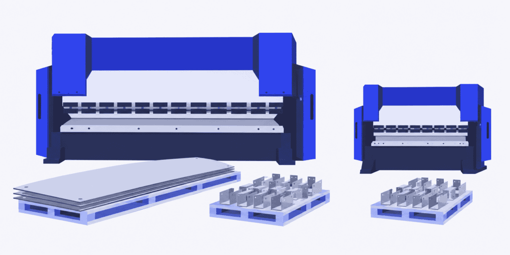 Large and small blue press brakes beside stacked sheet panels and trays of metal brackets.