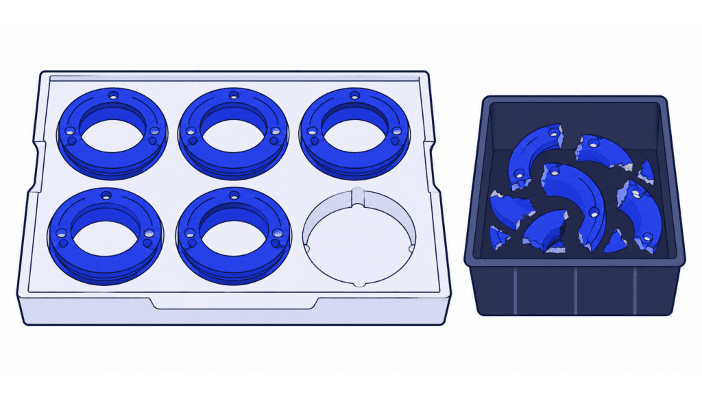Accepted machined rings sit beside broken scrap components, with an empty delivery-tray slot showing the shortfall.