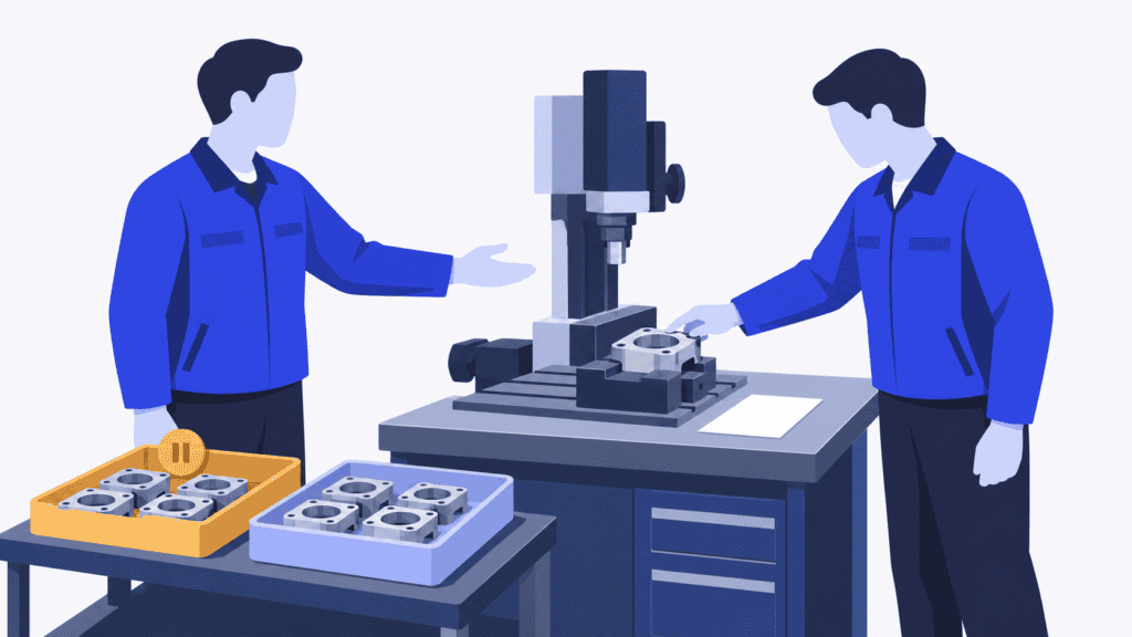 Two manufacturing workers check an unfinished part together, with held parts separated in an amber tray
