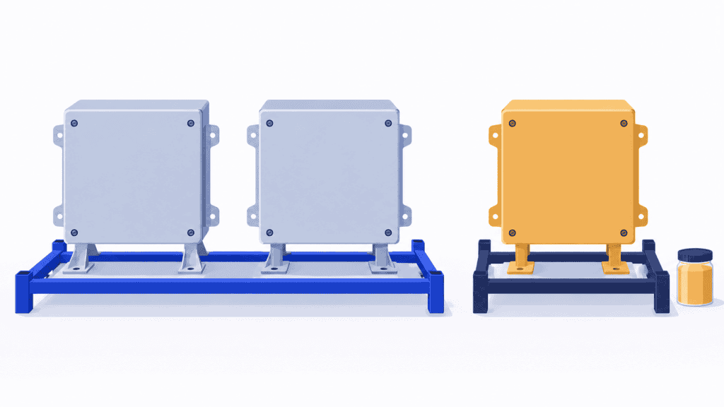 Two grey enclosure variants share a coating rack while an amber variant sits on a separate setup.