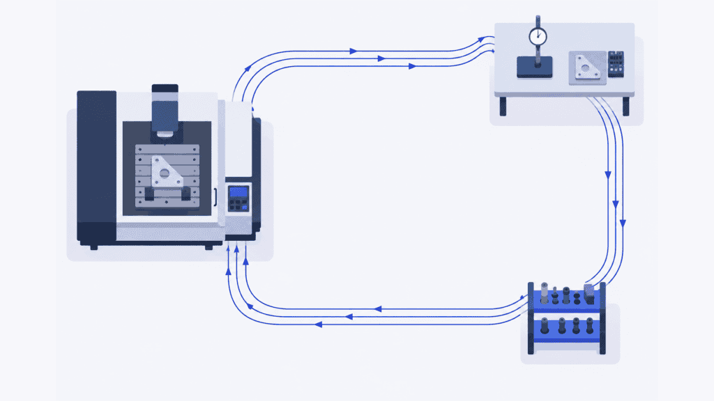 Repeated travel between a machining station, an inspection bench and a gauge rack in a spaghetti diagram.