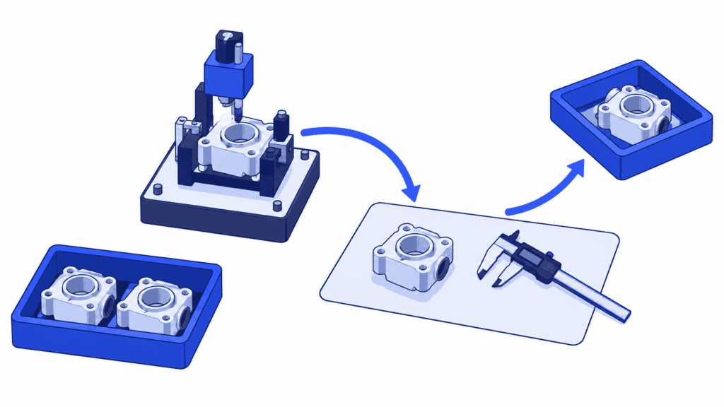 A fixture, inspection station and parts trays show a repeatable work sequence and designated material positions.