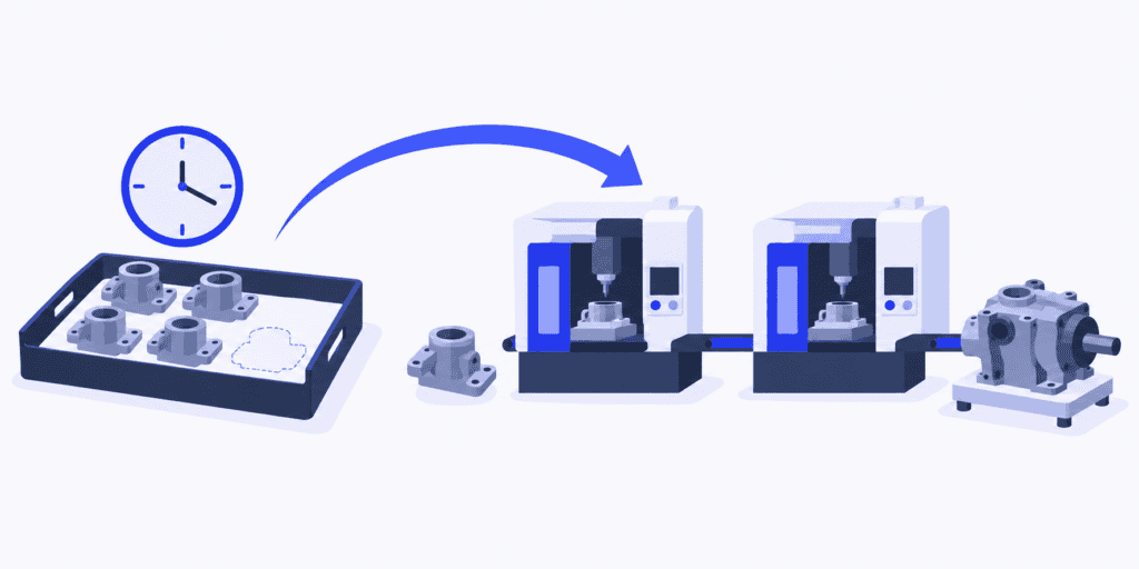A missing incoming casting and a clock connect to machining and assembly work affected by a supplier delay.