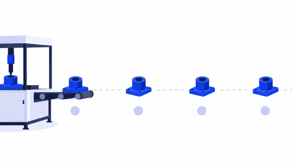Evenly spaced finished components leaving an assembly cell illustrate the demand-led production pace of takt time.