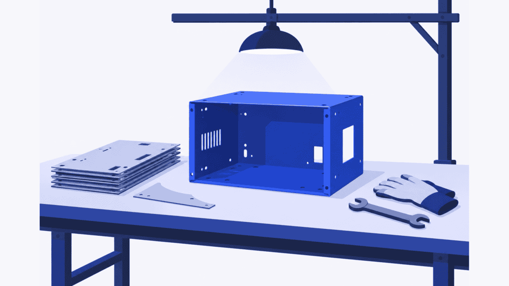 Metal blanks, an enclosure, gloves and tools beneath shared factory lighting illustrate manufacturing cost inputs.