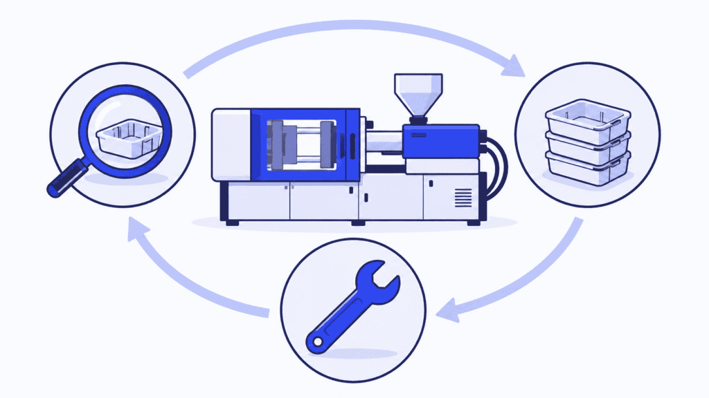 A production machine surrounded by inspection, maintenance and finished parts in a connected TPM care loop.